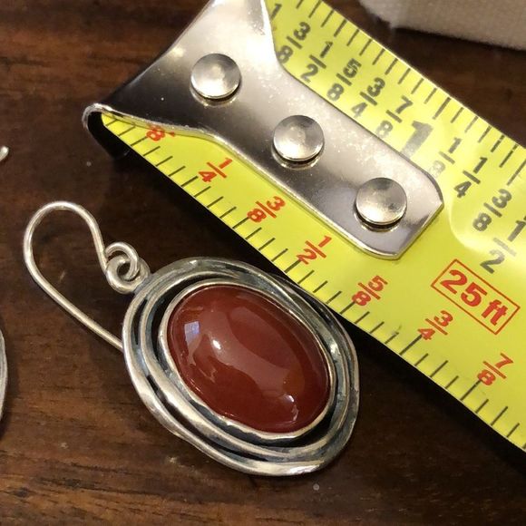 SHABLOOL DIDAE Carnelian Cabochon Nested In Sterling Silver Drop Earrings - Picture 5 of 7